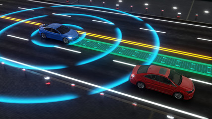 Autonomous self driving electric car change the lane and overtakes city vehicle 3d rendering