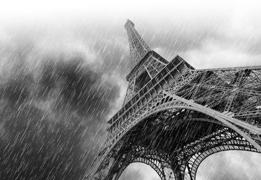 Dramatic Sky during heavy Rain and Eiffel Tower in Paris, black and white picture