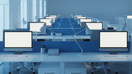 Office space. Open space. Design of office. 3D rendering.