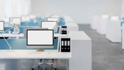 Office space. Open space. Design of office. 3D rendering.