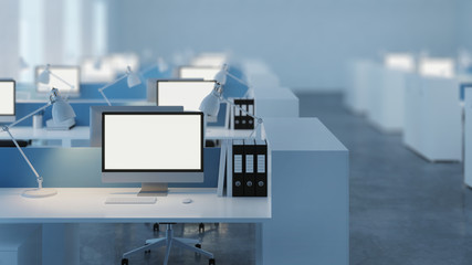 Office space. Open space. Design of office. 3D rendering.