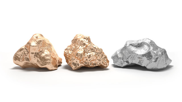 Gold and silver nuggets on a white background. 3d render 