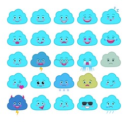 Funny blue cloud emoticons set. Snow, rain, thunder and lightning emoji symbols. Social communication and weather widget signs. Adorable faces with various emotions. Weather forecast vector elements.