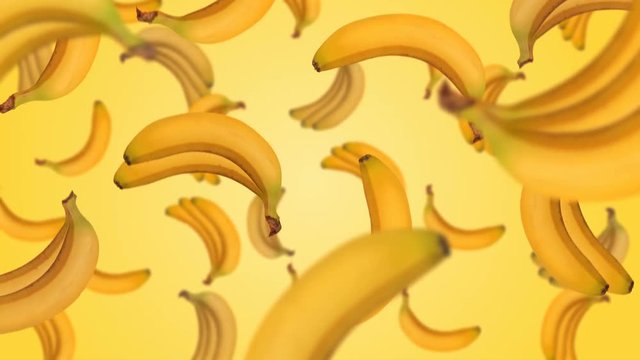 Bananas falling down on yellow background. 4k video.