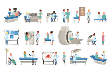 Diagnostic and treatment of cancer set, doctors, patients and equipment for oncology medicine vector Illustrations