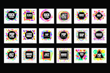 Music Festival logo set, classic, house, pop, rap, jazz music design element vector Illustrations