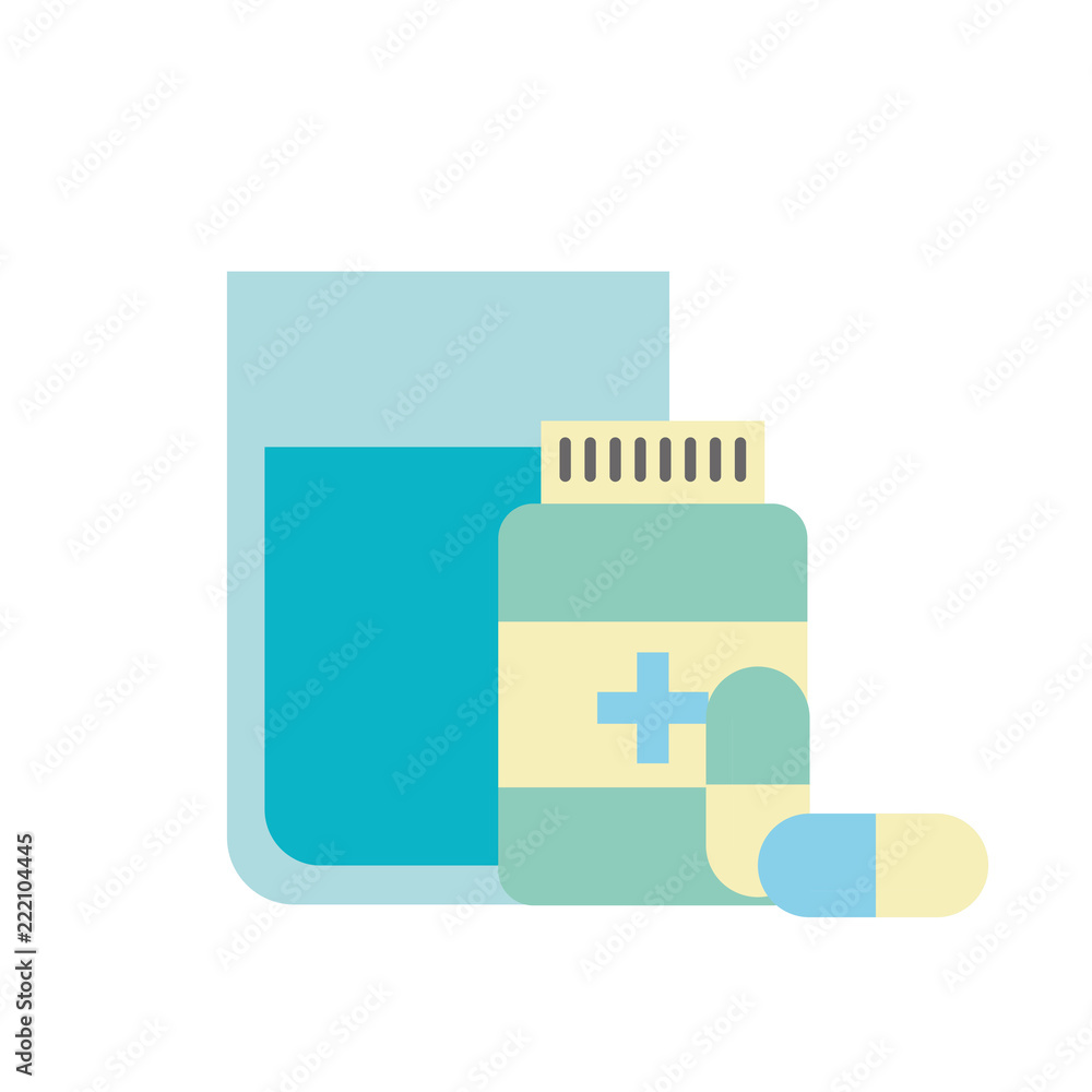 Sticker medical bottle prescription pills with water glass