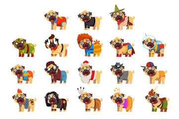 Cute funny pug dog character in colorful funny costumes set, vector Illustrations