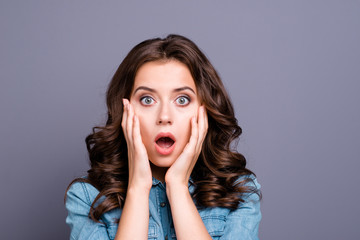 Portrait of scared stylish trendy nice cute adorable lovely attr