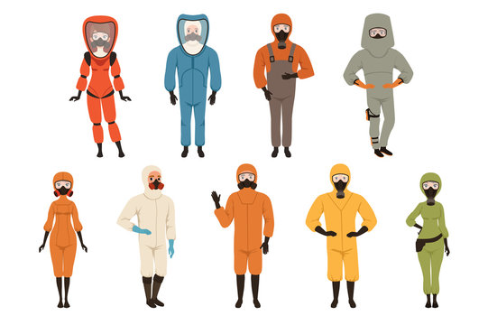 Protective suits set, different protective uniform equipment vector Illustrations isolated on a white background