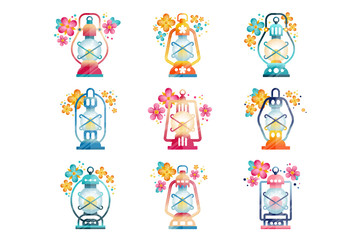 Vintage oil lamps set, arabic lantern vector Illustrations