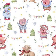 Seamless pattern with cute pigs, reindee and snowman. Funny cartoon characters. Merry chrismas and Happy New Year.  Chinese symbol of the 2019 year. Watercolor illustration.
