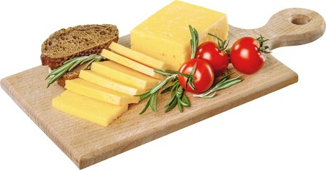 Yellow Cheese, Tomatoes and Bread on the Cutting Board -