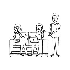 young girls on the sofa with laptops and man