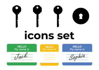 Vector icons set. Air and key icon. Name tag and film roll vector set icons