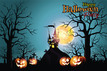 Happy Halloween background with pumpkin and dark castle under the moonlight.- Vector illustration