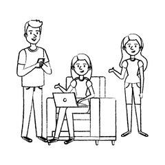 young woman at sofa with laptop and companions