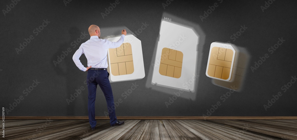 Poster businessman drawing different size of a smartphone sim card 3d rendering