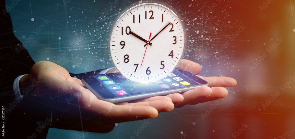 Poster man holding a clock timer 3d rendering