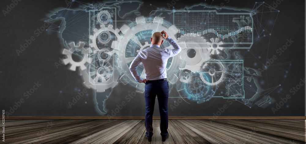 Poster man holding a technology interface 3d rendering