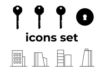 Vector icons set. Air and key icon. Name tag and film roll vector set icons