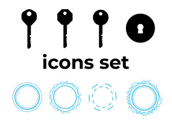 Vector icons set. Air and key icon. Name tag and film roll vector set icons
