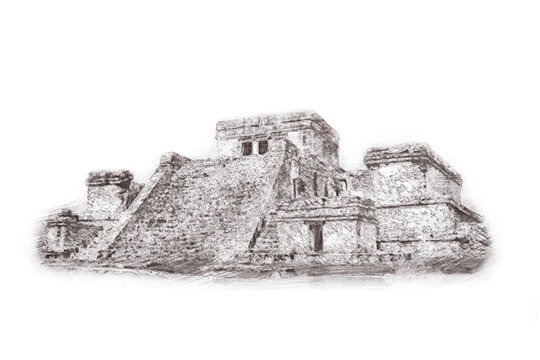 recommend clip art: Hand drawn sketch of The ancient Pyramid of Kukulcan, or El Castillo, in Chichen Itza, Mexico. Illustration. Isolated on white background.