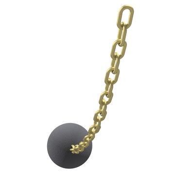 Wrecking ball with gold chain, 3d illustration. Isolated on white background.