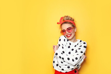 Portrait of beautiful young woman on color background