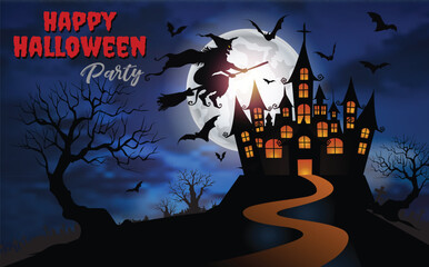 Halloween Night Concept,Halloween background with witch, haunted house and full moon.-Vector illustration.