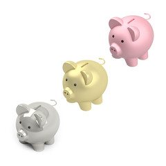 Set of piggy banks. Silver piggy bank, golden and pink, isolated on white background, 3d render illustration