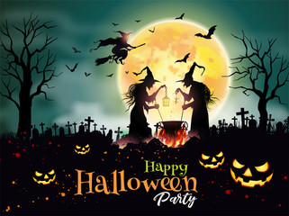 Happy Halloween background with Old witch with magical potion and the dead trees and Dracula castle under the moonlight.- Vector illustration