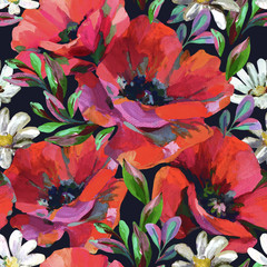 Acrylic flowers and leaves seamless pattern.