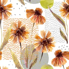 Poster Aquarel bloemen en bladeren, cirkel, vierkante vormen, minimale doodle texturen © Tanya Syrytsyna