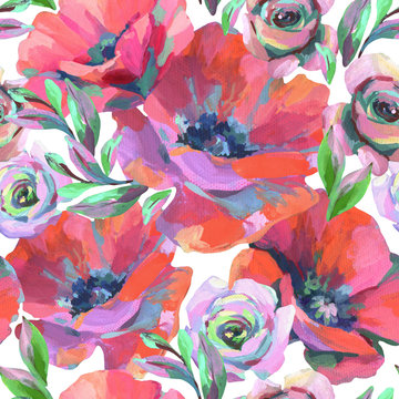 Acrylic flowers and leaves seamless pattern