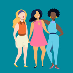 Three young beautiful women of different race in a moment of friendship. Modern flat style vector illustration