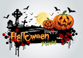 Halloween pumpkins and dark castle on full Moon background,Happy Halloween message design illustration. 
