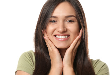 Fototapeta premium Beautiful young woman with healthy teeth on white background
