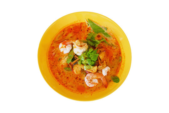 homemade prawn in spicy soup, Tom Yum Goong, Thai delicious famous food, isolated on white background included clipping path