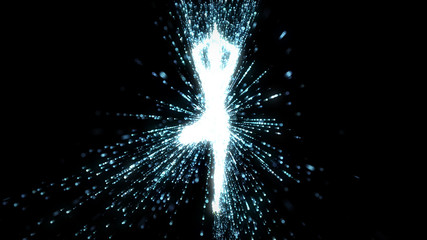 Silhouette of woman standing in yoga tree pose, meditating with radiating energy - 222112430