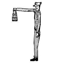 Vintage gentleman stands with a flashlight holding up sketch vintage  illustration