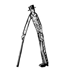 Gentleman in top hat, holds a cane in hand hand drawn vector illustration in vintage 