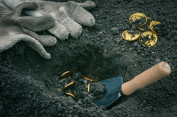 Coins searching. Treasure hunting concept. In search of a lost treasure.