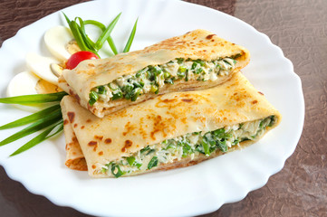 hot pancake with egg and green onions