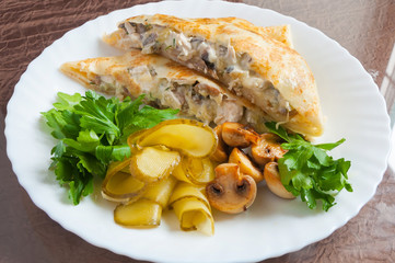 pancake with julienne and pickles with greens