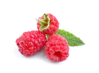 Fototapeta na wymiar Fresh ripe raspberries on white background