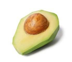 Half of peeled avocado on white background
