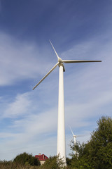 Windmill for electricity among the trees with the house.