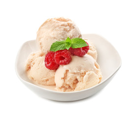 Bowl with delicious raspberry ice-cream on white background
