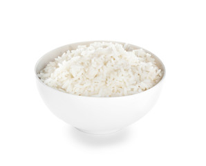 Fototapeta na wymiar Bowl with freshly cooked rice on white background
